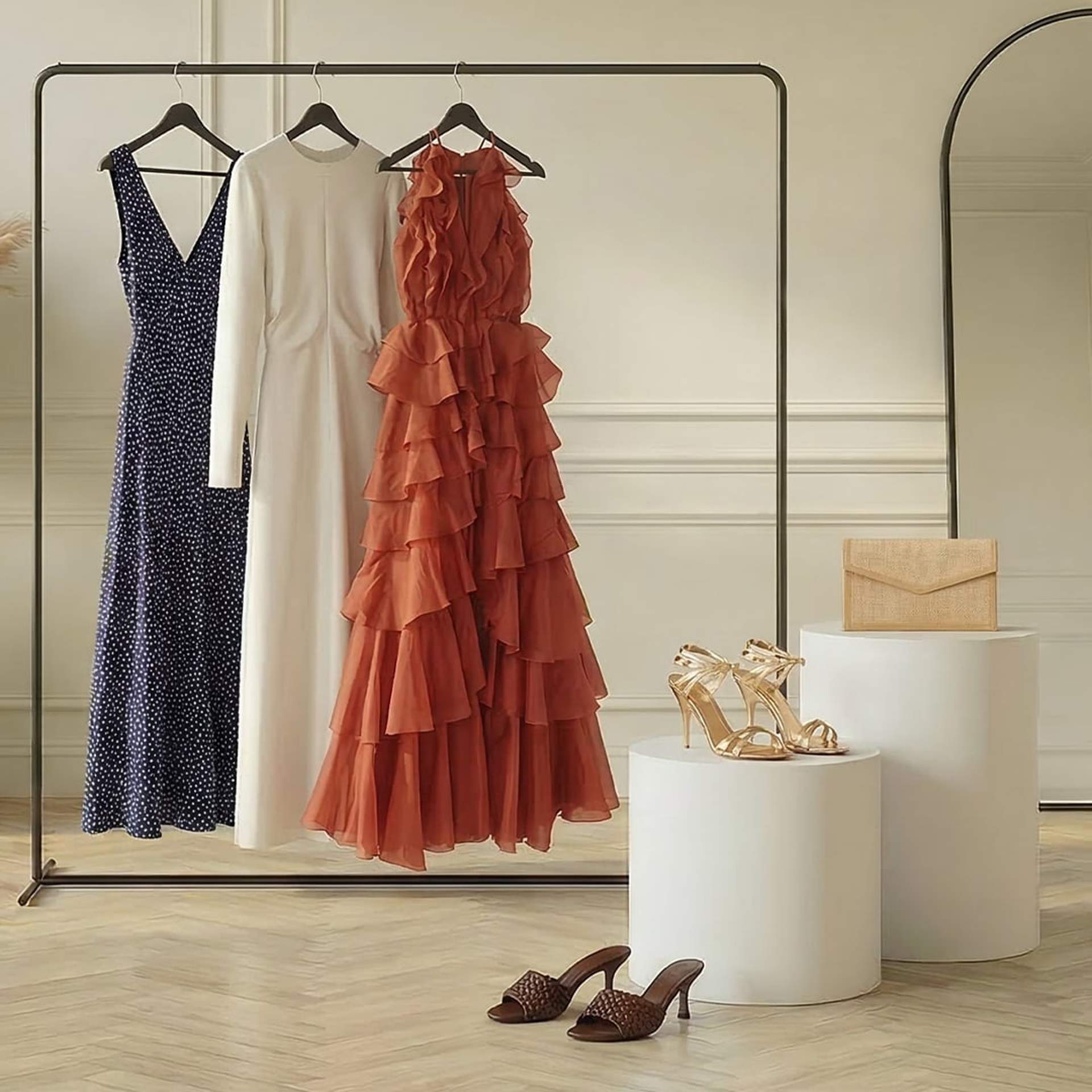 Dresses hung on rail with heels